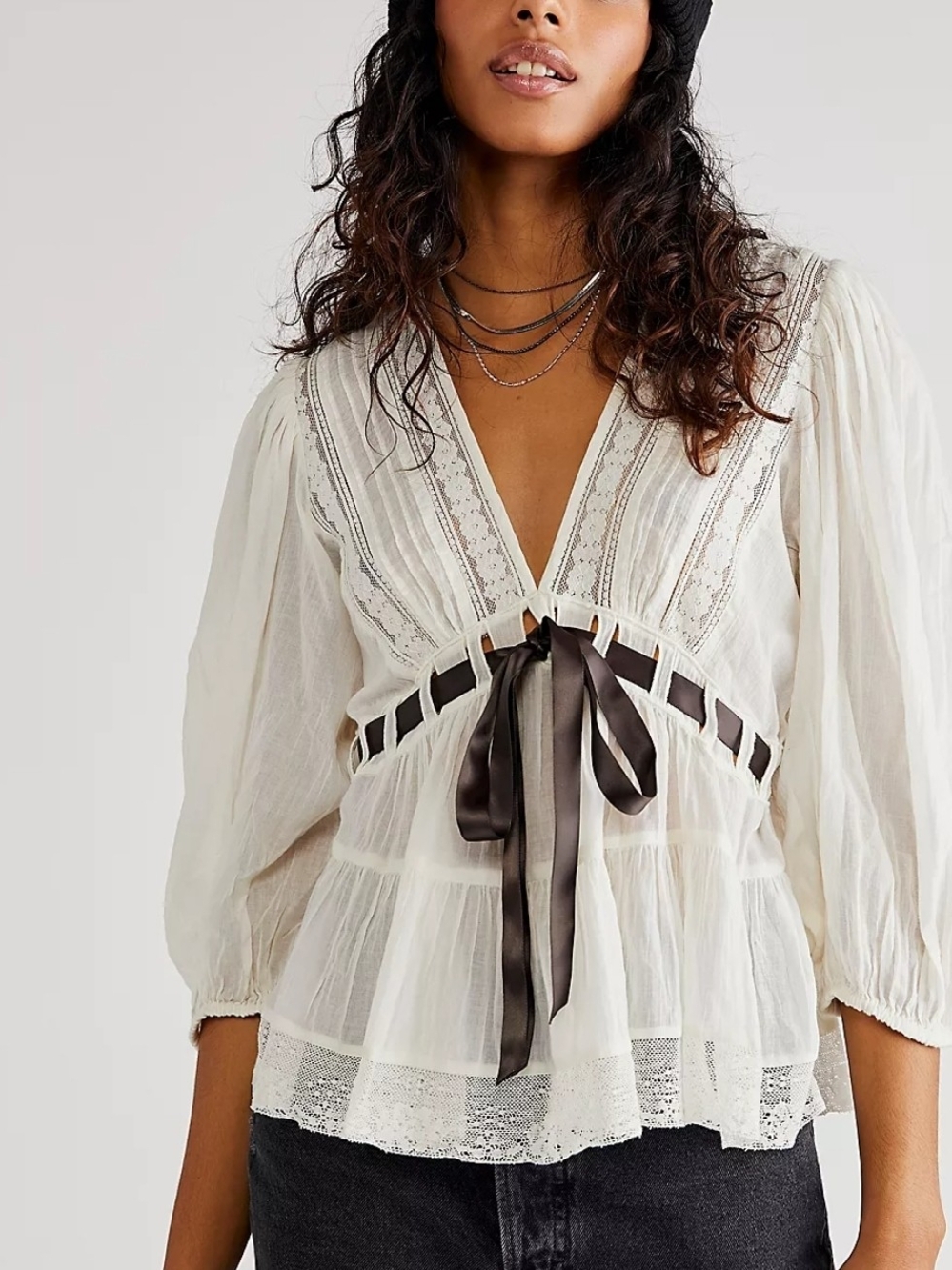 Free People Ivory Peasant Blouse with Black Ribbon Tie